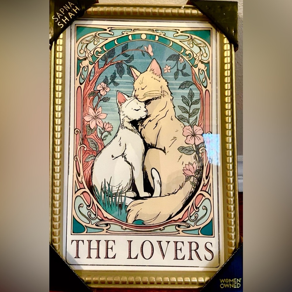 NEW SAPNA SHAH 'The Lovers' Cat Art Print in
Gold carved frame. 18" x 12".